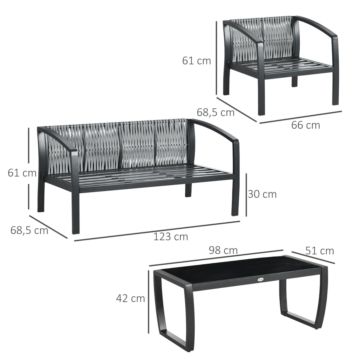 4-seater gray & black garden furniture set with sofa, armchairs, glass table - weatherproof
