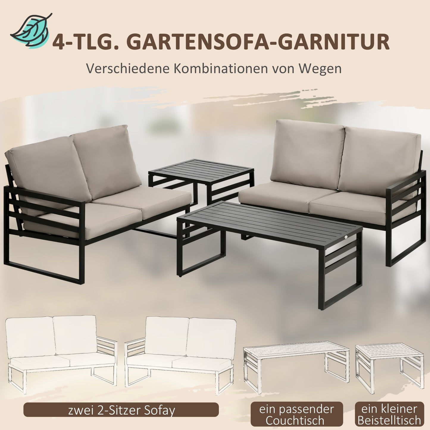 Outdoor furniture set, 4-seater sofas, weatherproof, light grey