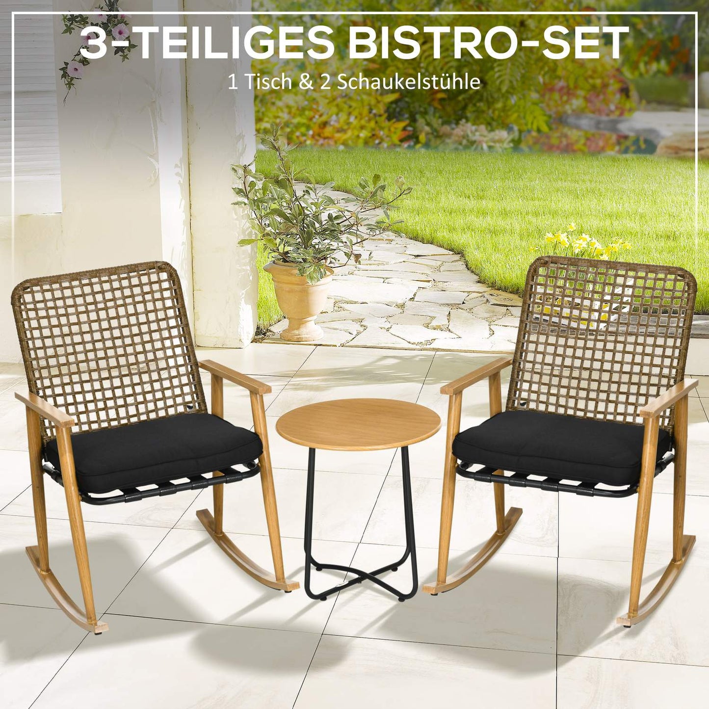 Garden furniture set, 2 rocking chairs & table, poly rattan