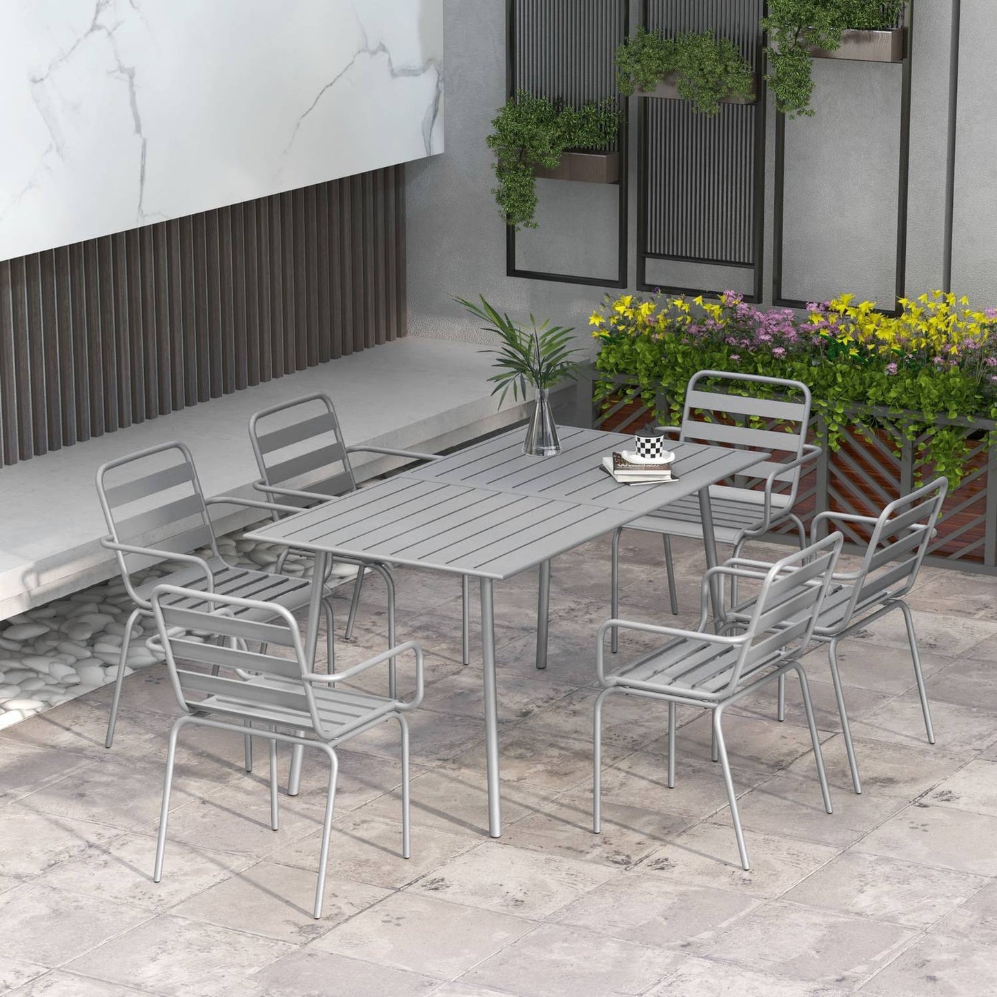 Garden furniture set - Steel dining table and 6 stackable chairs
