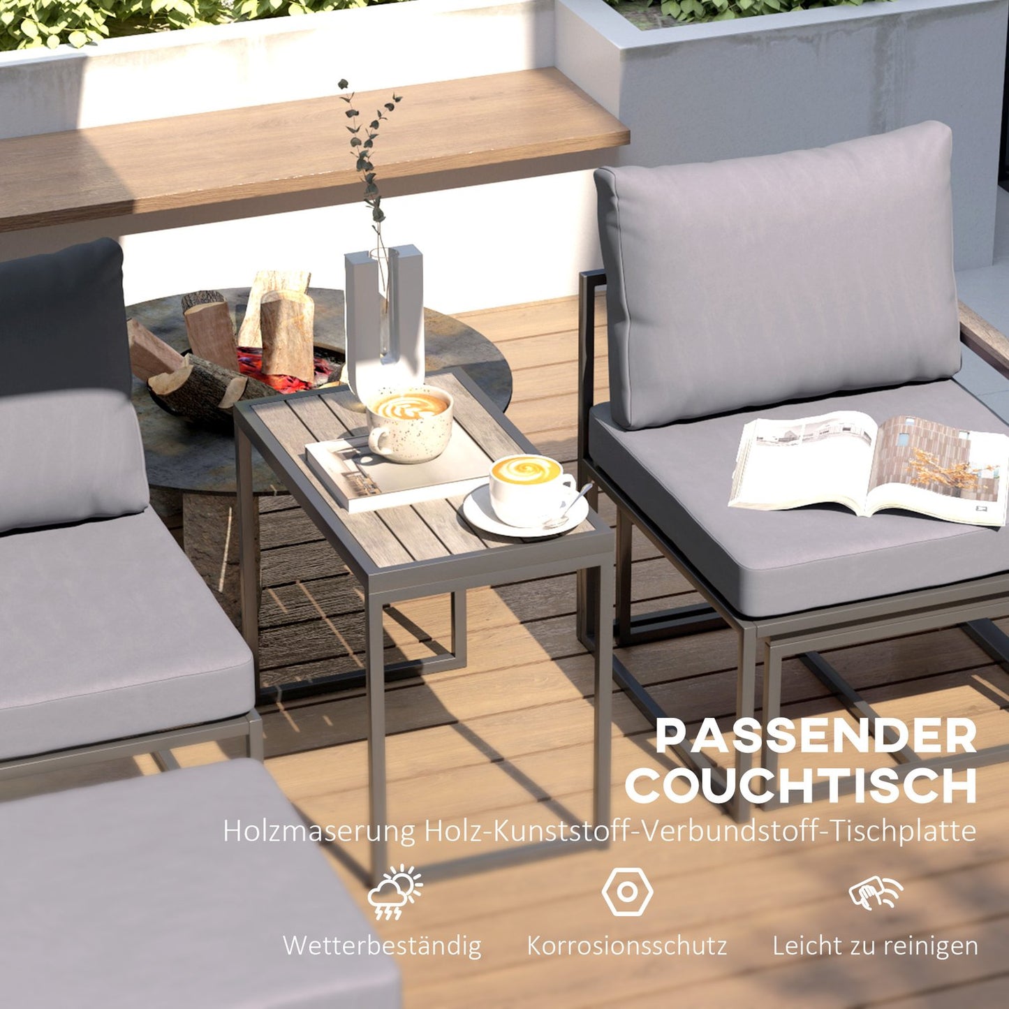 Outdoor steel balcony set - 2 seats, table and cushions