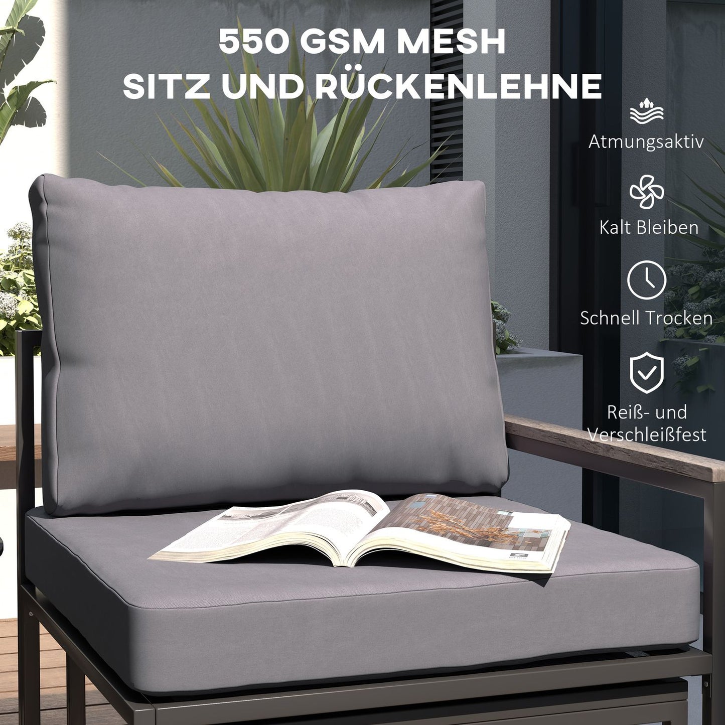 Outdoor steel balcony set - 2 seats, table and cushions