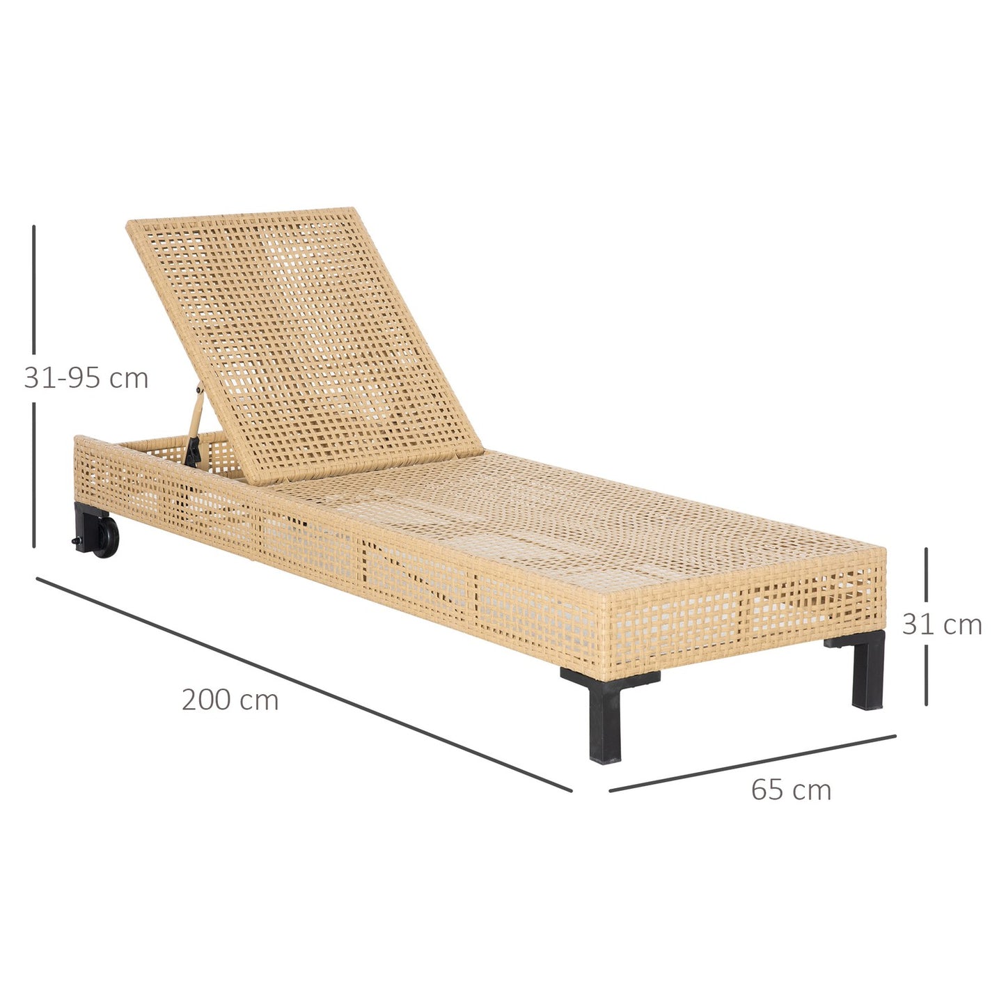 Rattan garden sun lounger with cushions, adjustable levels