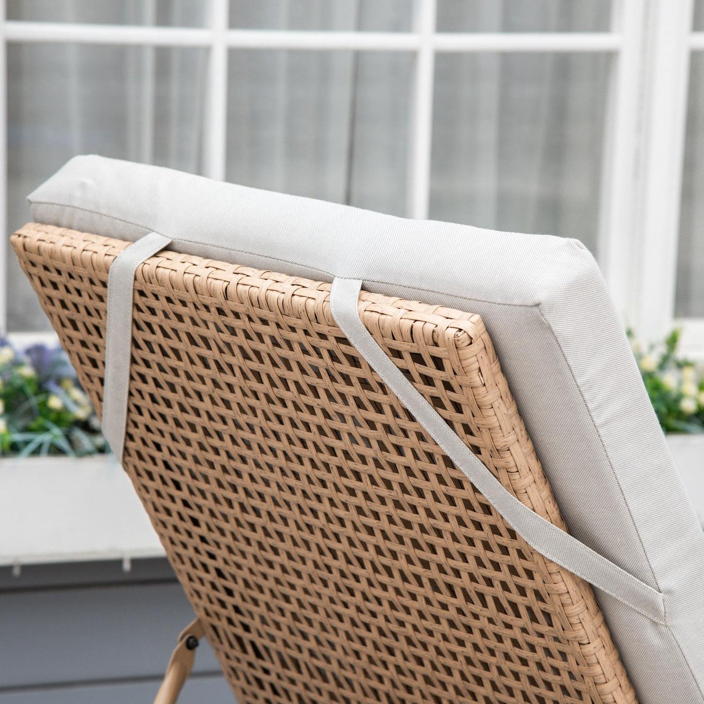 Rattan garden sun lounger with cushions, adjustable levels