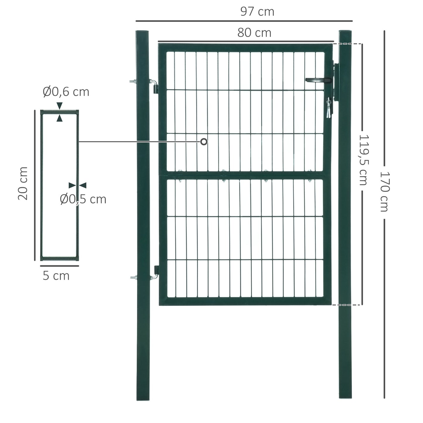 Steel garden gate with handle lock & keys, green, 97x170 cm