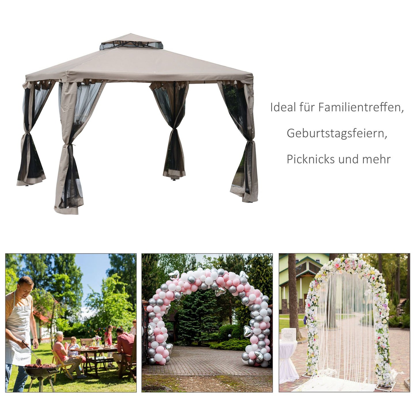 Garden pavilion 3x3m, weatherproof gazebo tent, grey