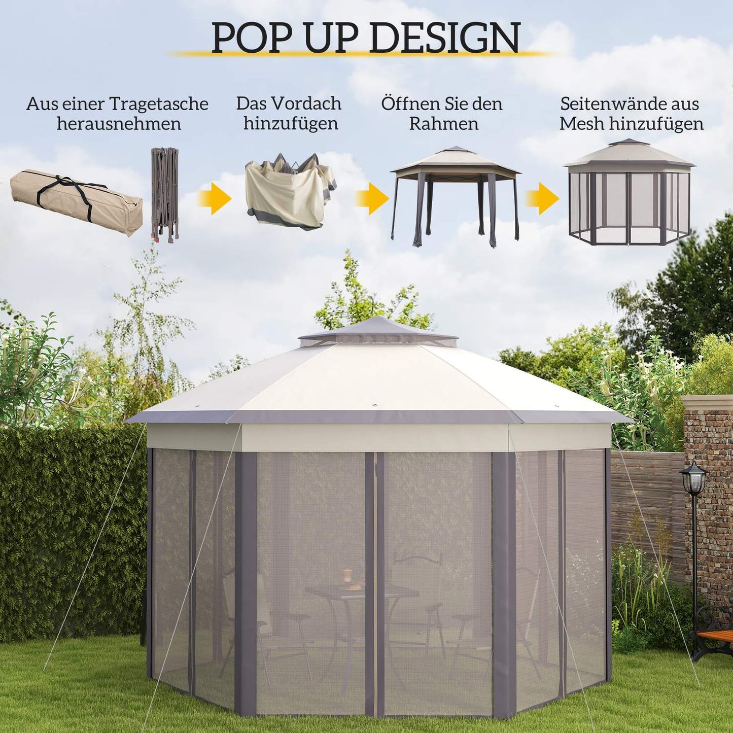 Hexagonal Garden Gazebo 4x4m with 6 side panels, pop-up tent