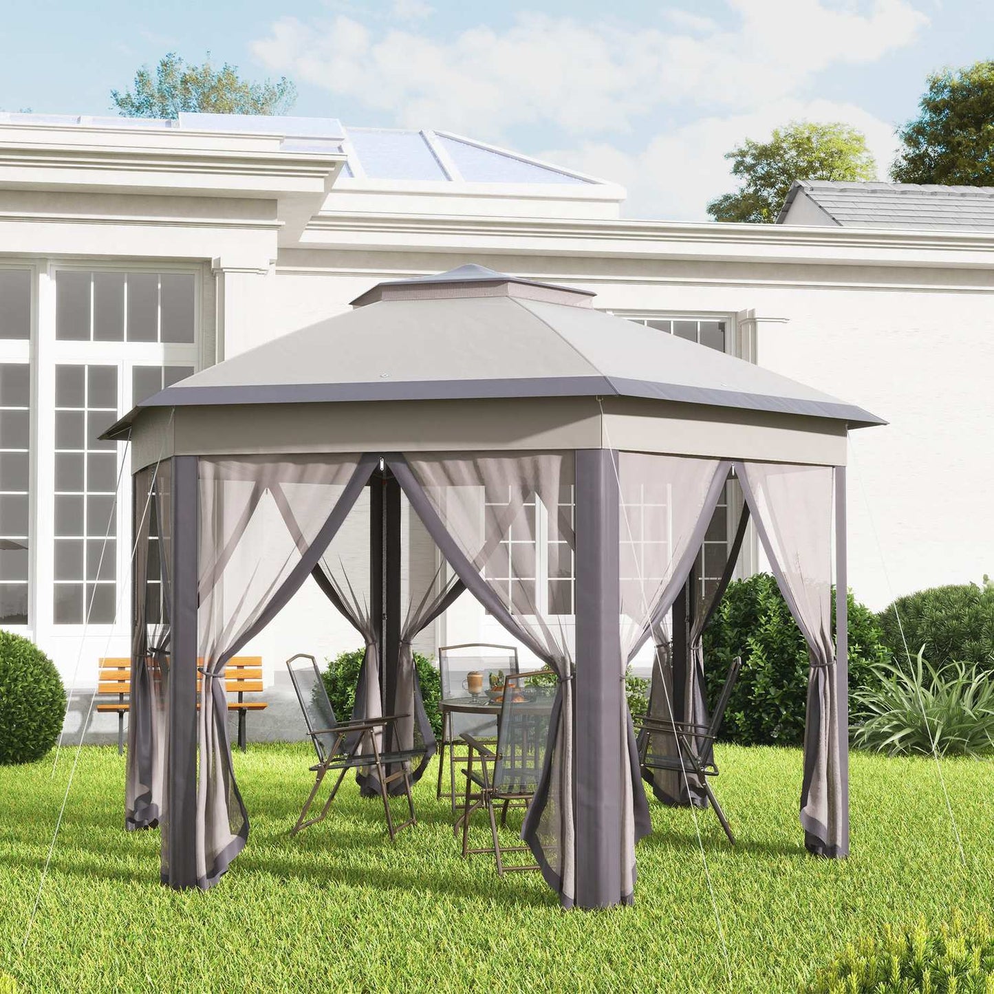 Hexagonal Garden Gazebo 4x4m with 6 side panels, pop-up tent