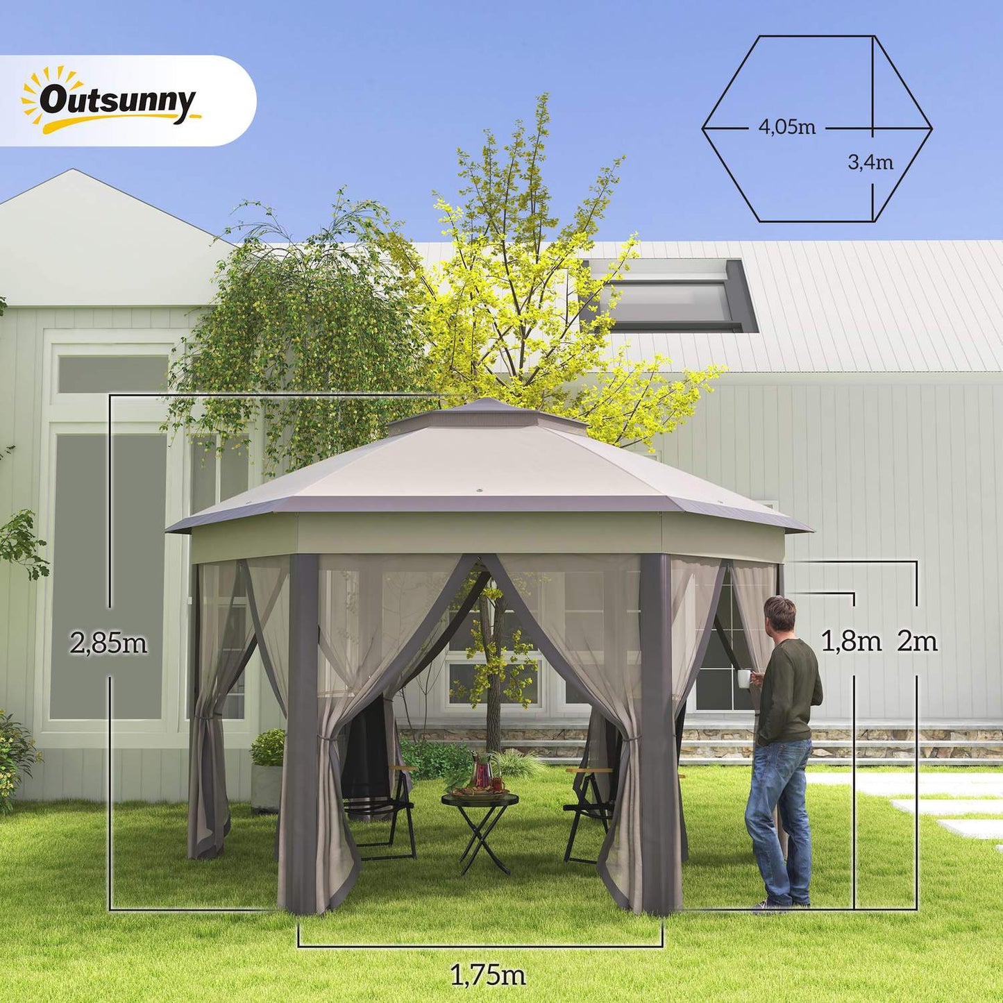 Hexagonal Garden Gazebo 4x4m with 6 side panels, pop-up tent