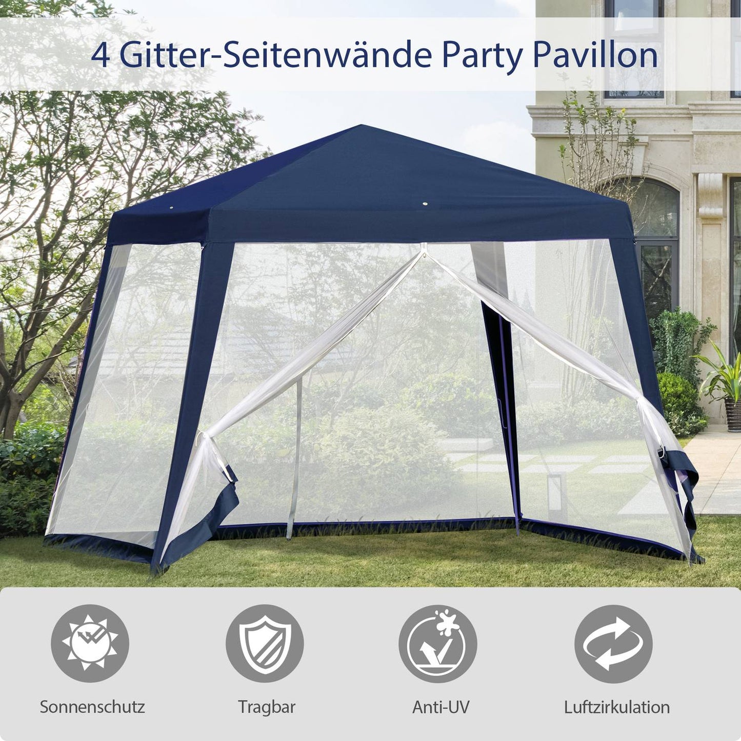 Blue 3x3m weatherproof garden gazebo tent with mosquito net