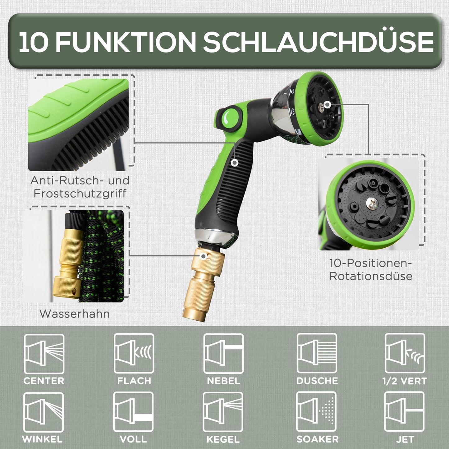 Flexible garden hose 30M with 10-function spray nozzle