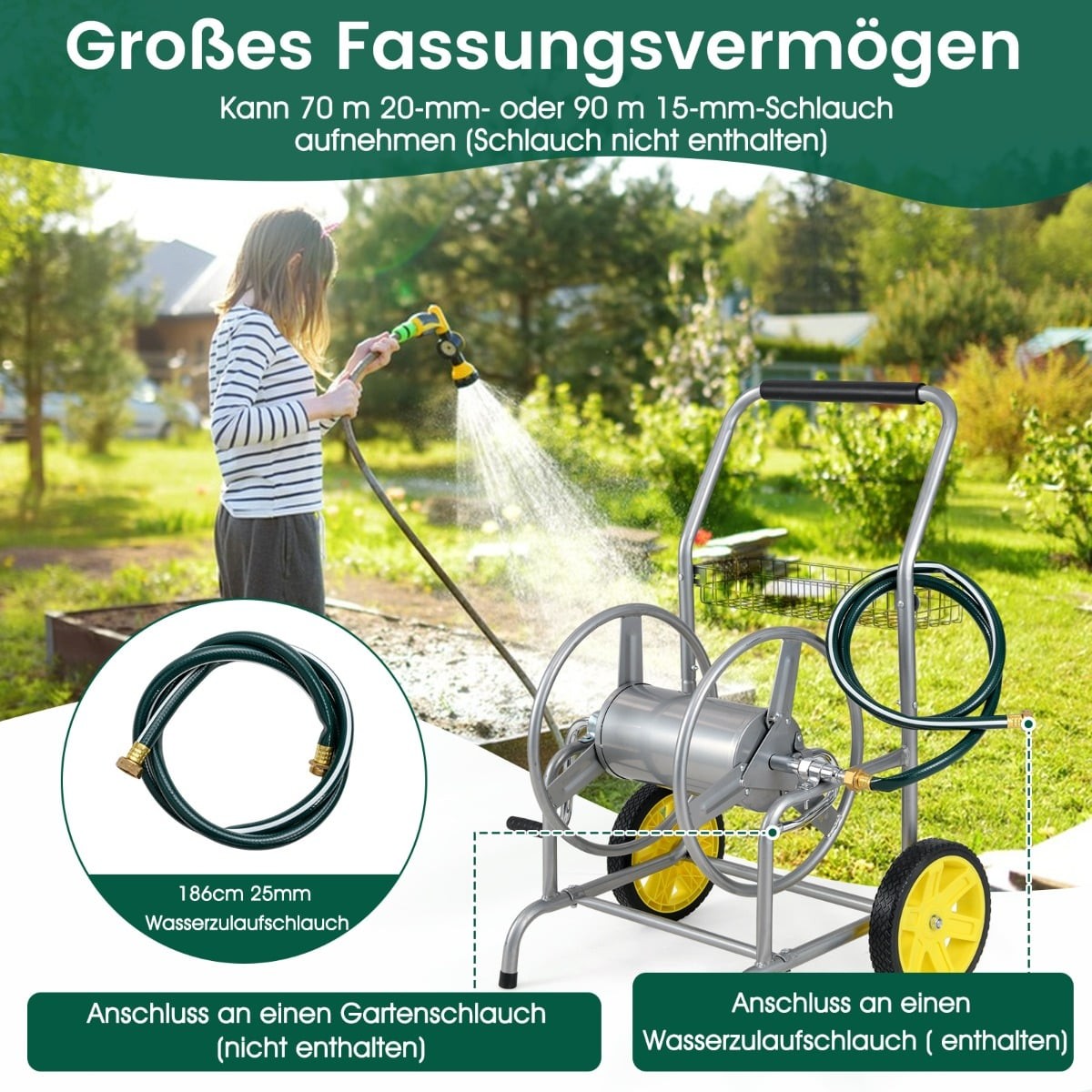 Garden Hose Reel Cart, Metal, 70m Capacity, Large Wheels