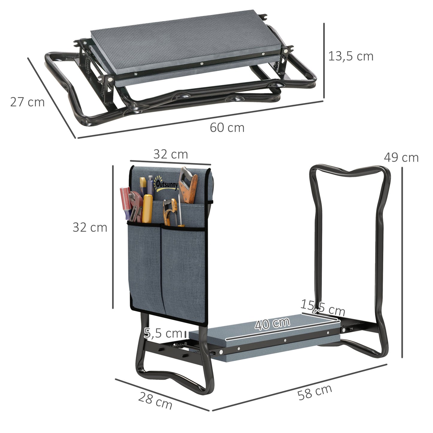 Garden Kneeler and Seat with Tool Pouches, Foldable, 150kg Capacity