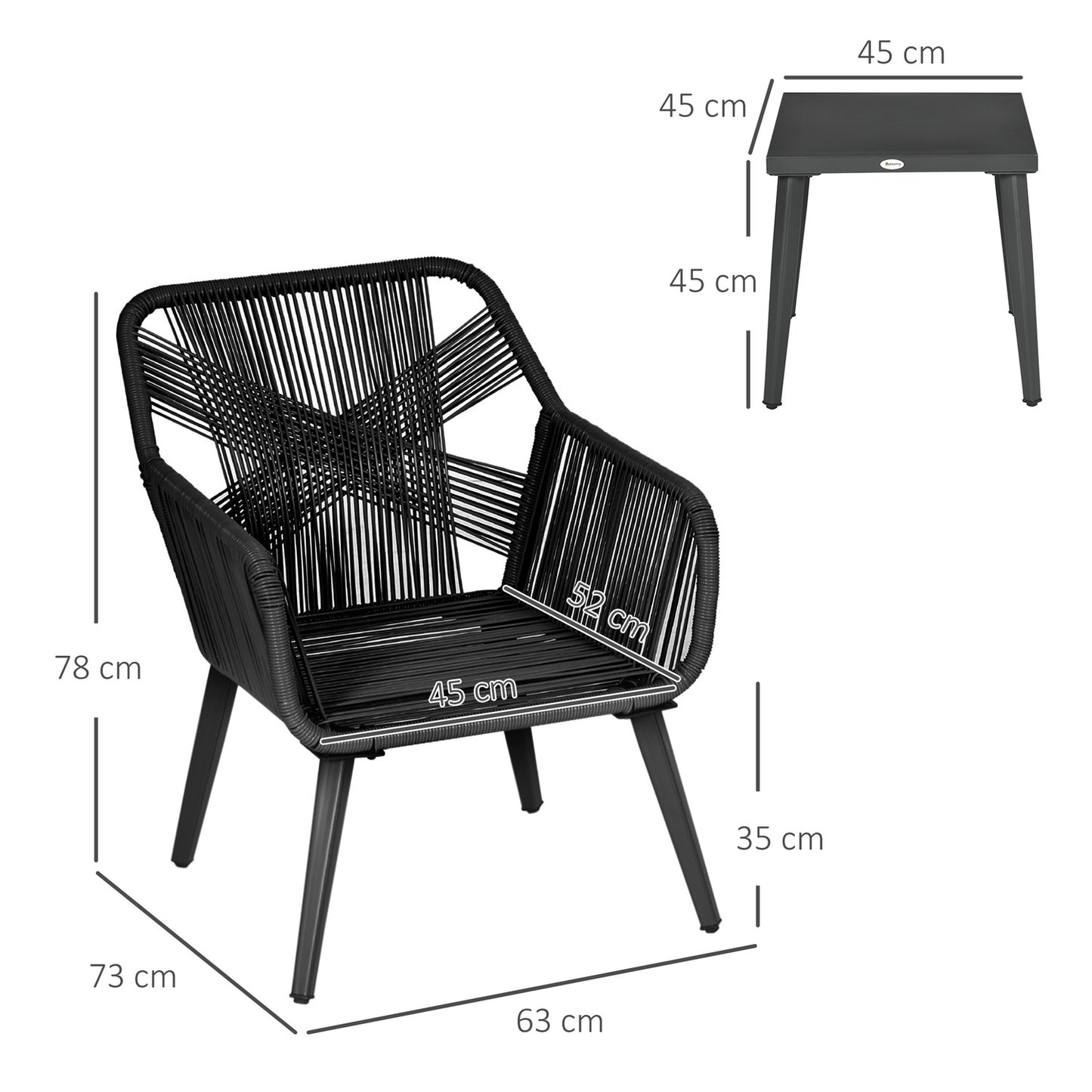Outdoor Garden Lounge Set for 2, weatherproof, black/grey