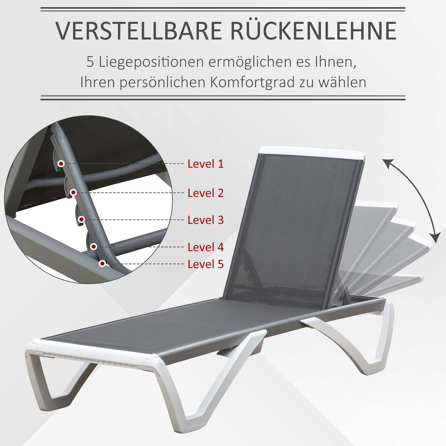Adjustable sun lounger in aluminum - Ergonomic grey/white