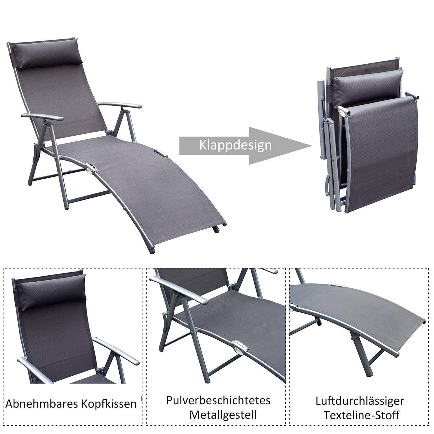 Folding adjustable gray garden chair with cushion