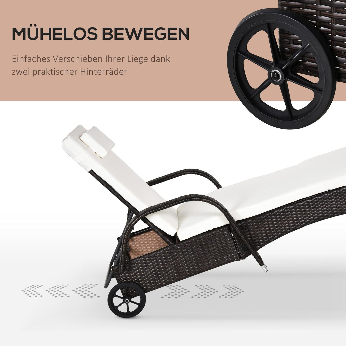 Coffee brown rattan garden chair with cushions and wheels