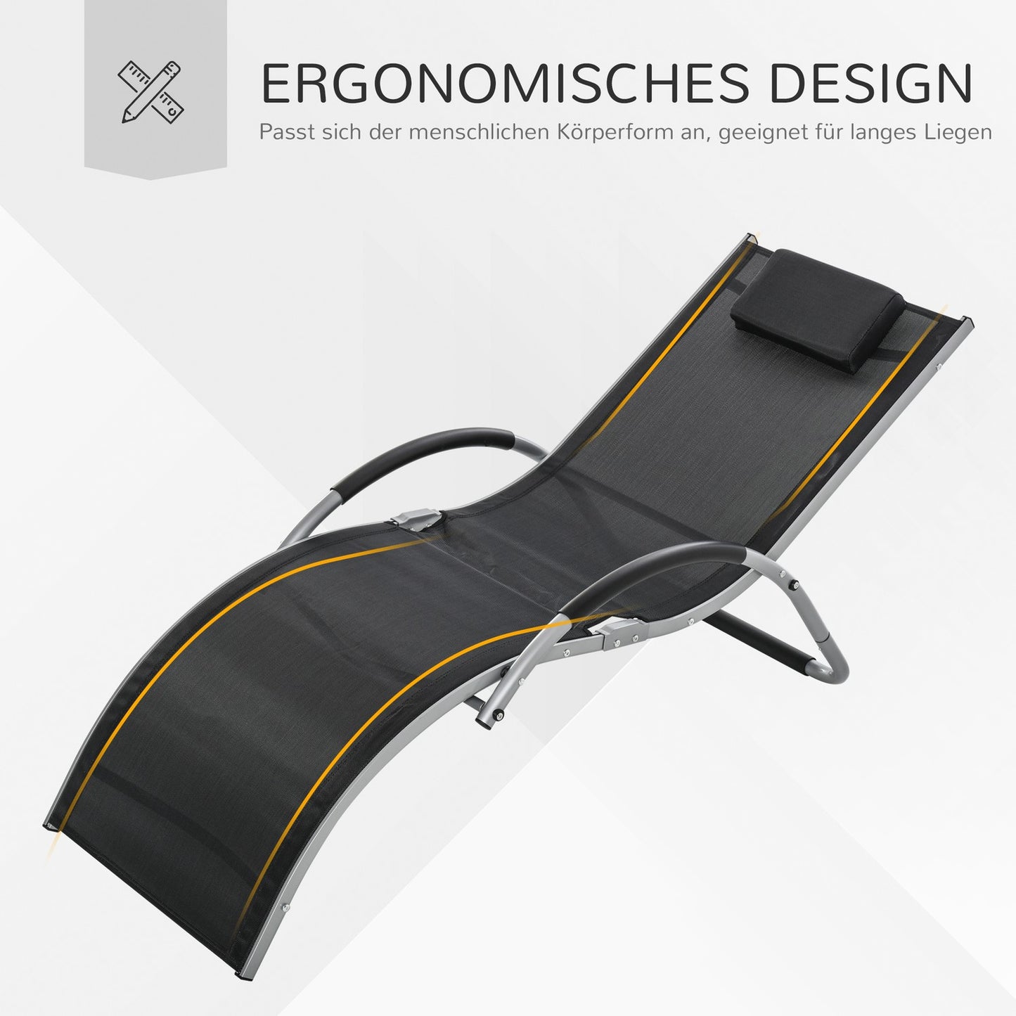 Ergonomic sun lounger in aluminum with cushions, black 160x60x65 cm