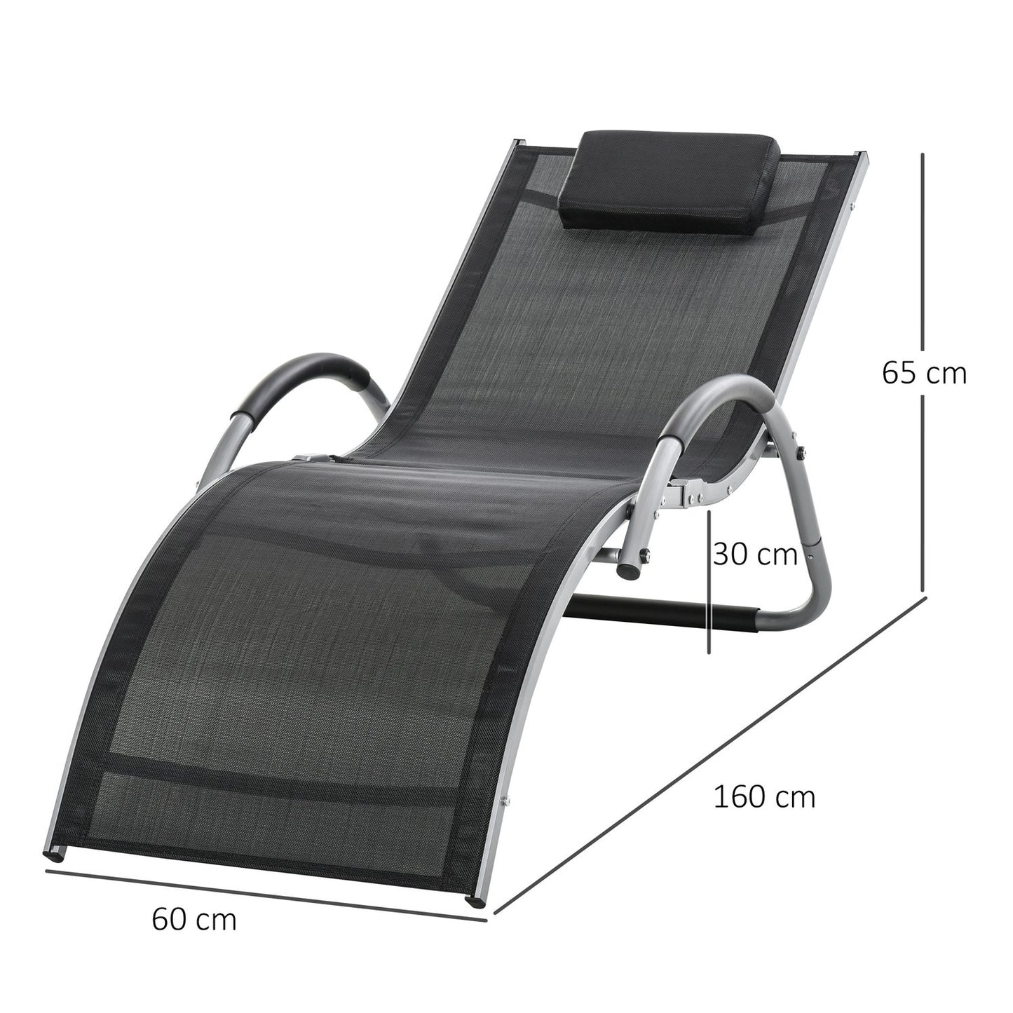 Ergonomic sun lounger in aluminum with cushions, black 160x60x65 cm