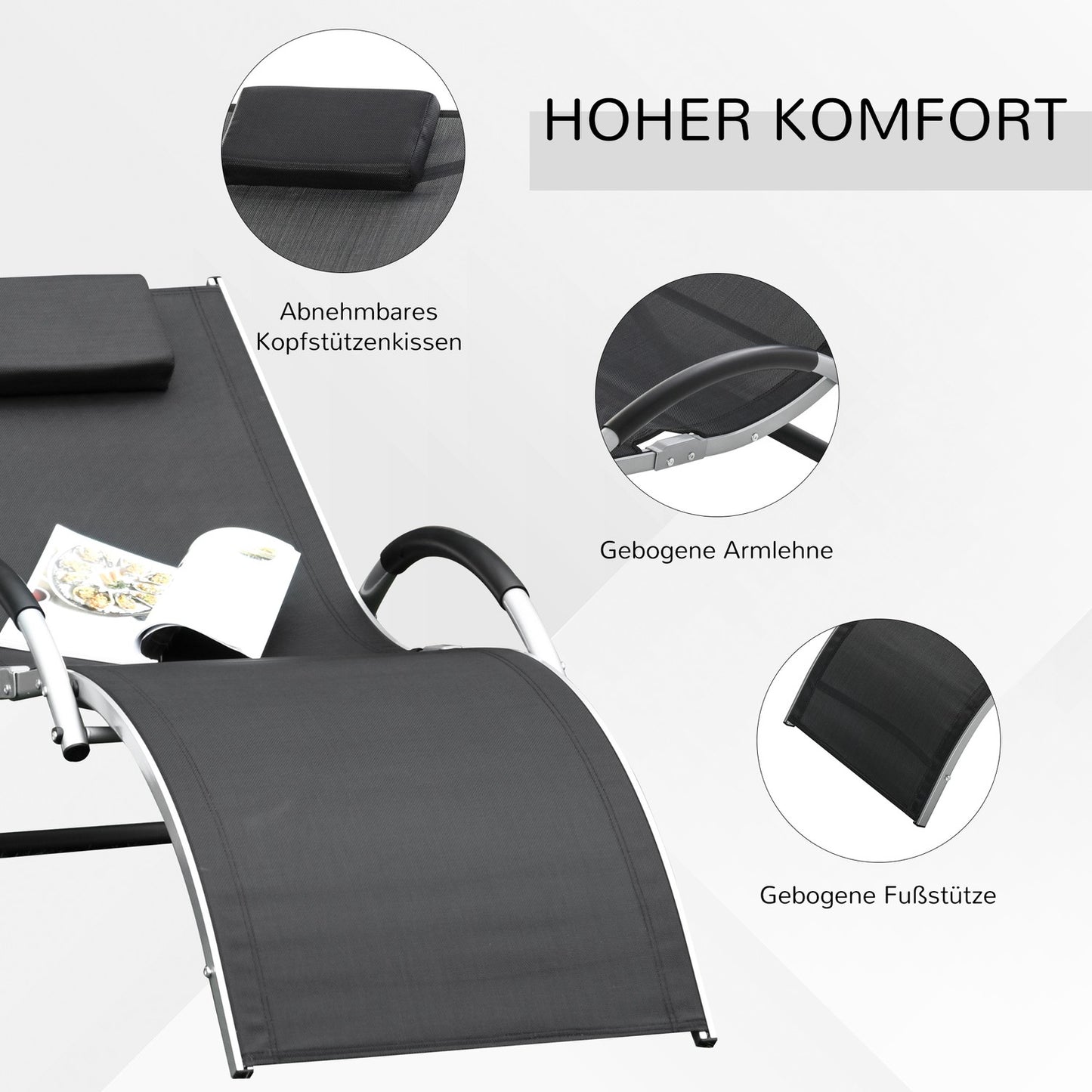 Ergonomic sun lounger in aluminum with cushions, black 160x60x65 cm