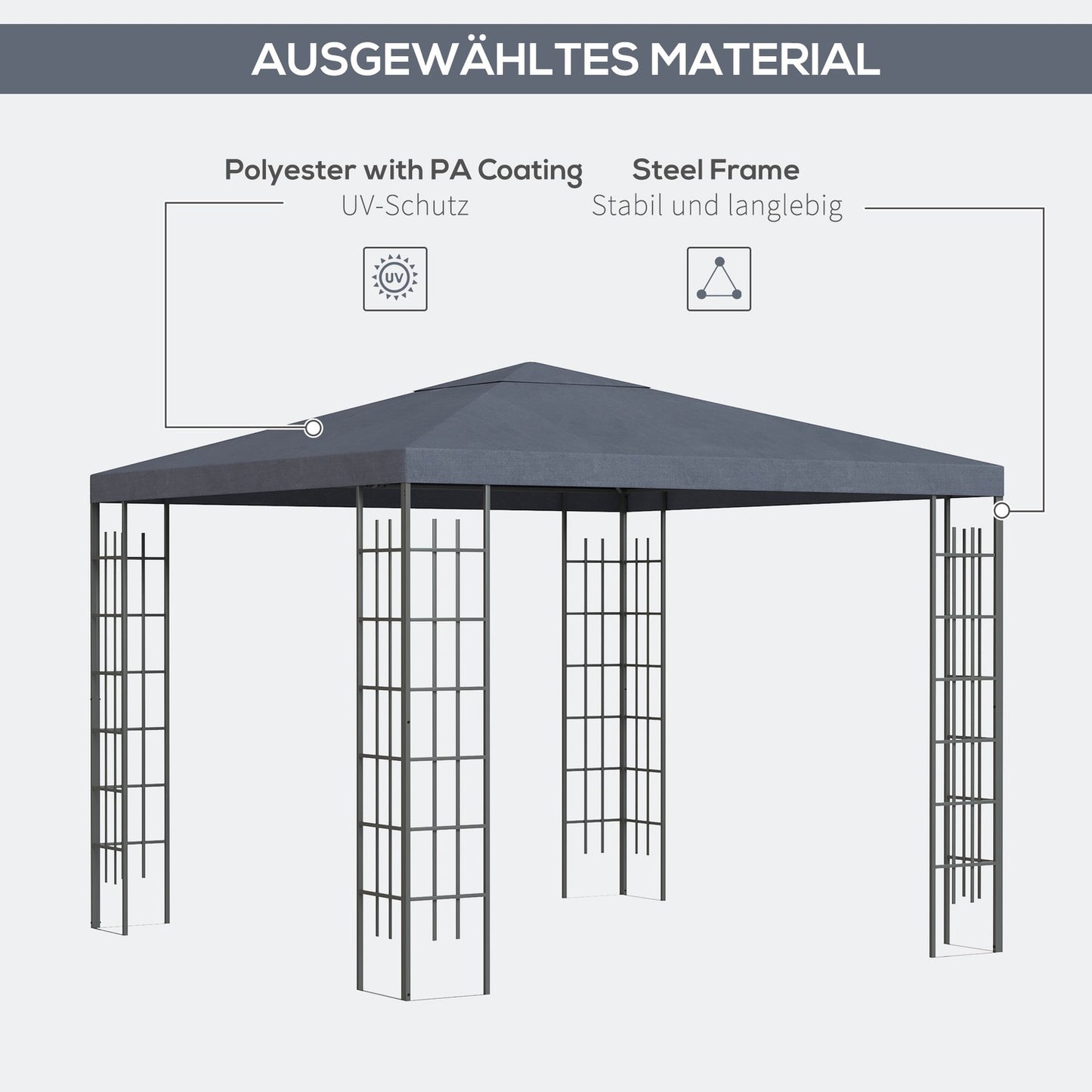Garden pavilion tent 3x3M, Steel frame, Gray Polyester