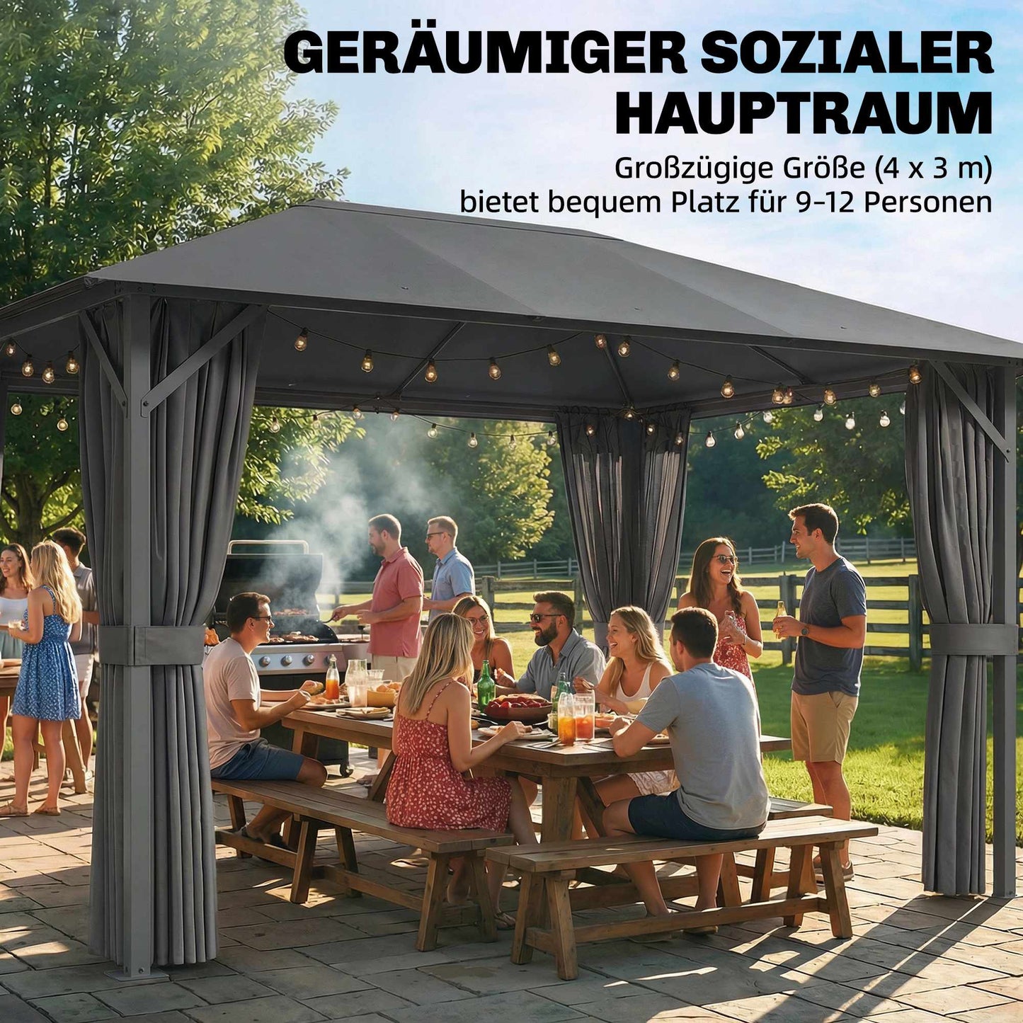 Garden Pavilion 4x3m, Water-Resistant with Mosquito Net