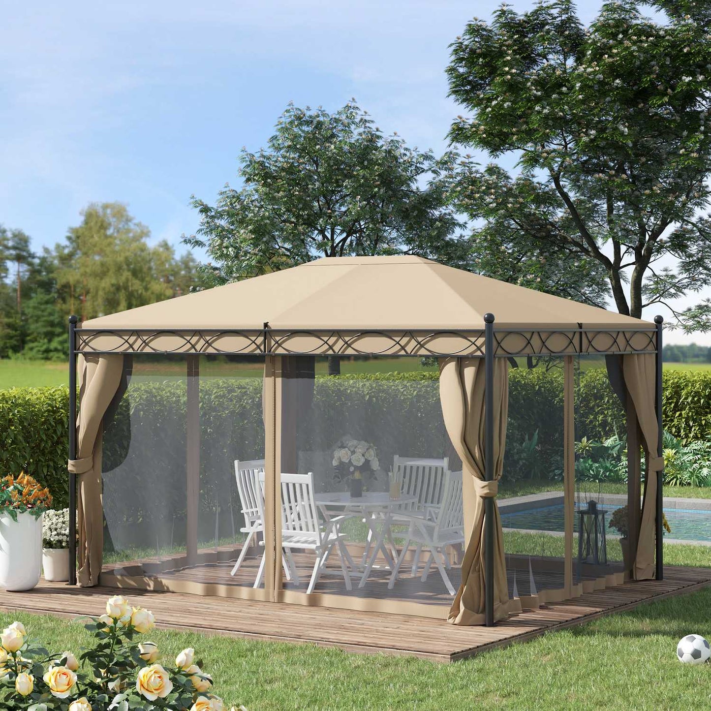 Garden pavilion tent with side walls & mosquito net, beige
