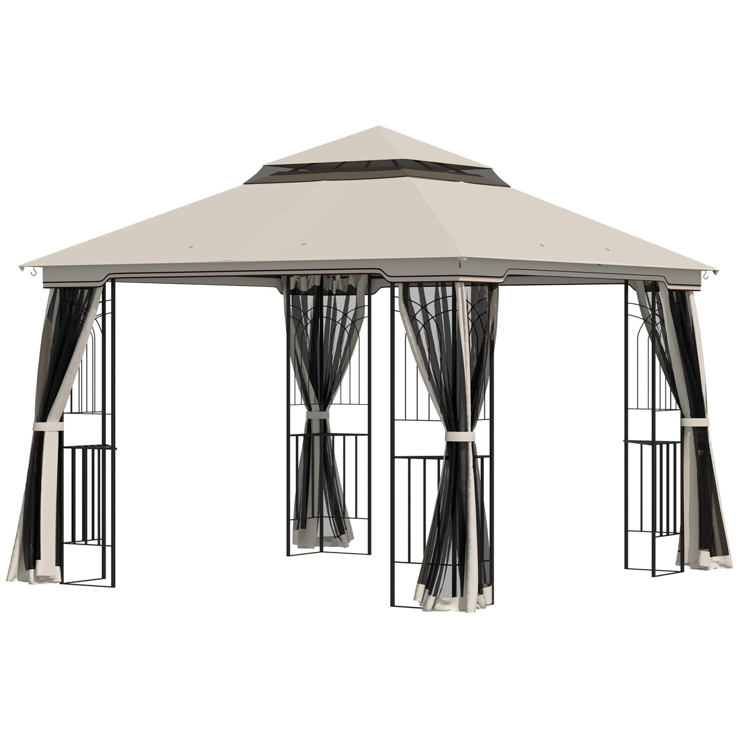 Beige metal & polyester garden pavilion tent, 3x3m with sides