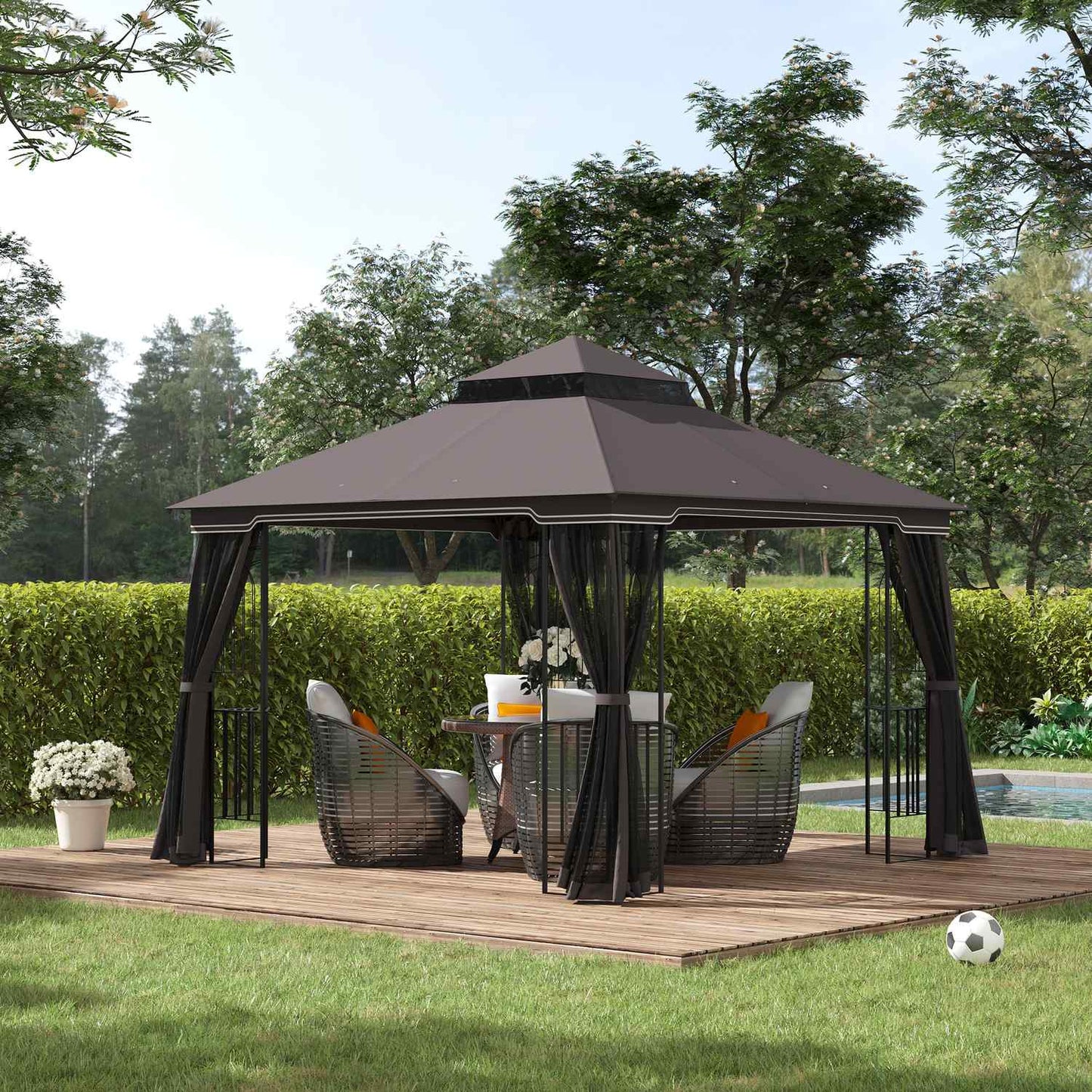 Garden pavilion tent with double roof, metal & polyester, 3m
