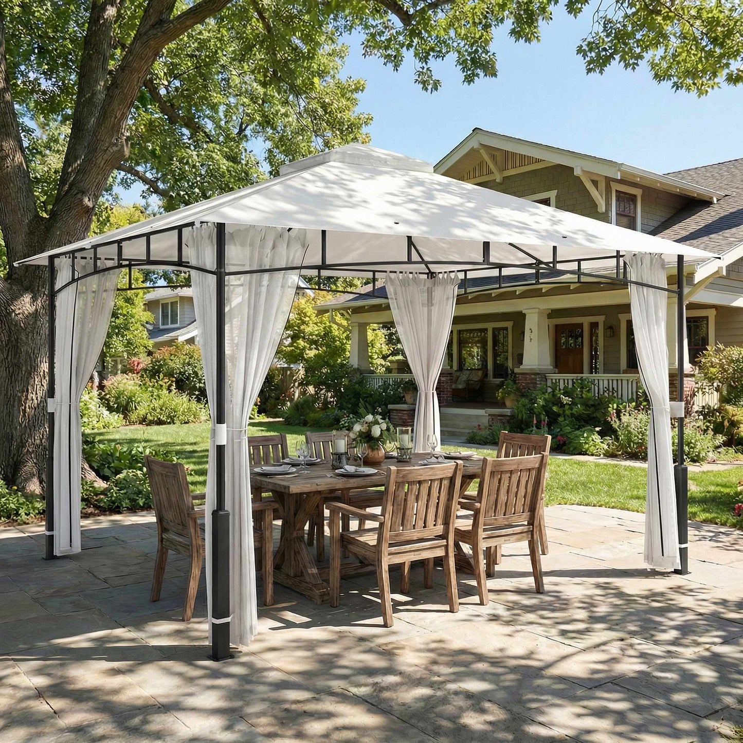 Garden Pavilion with Double Roof and Mosquito Net, 8-Person Capacity