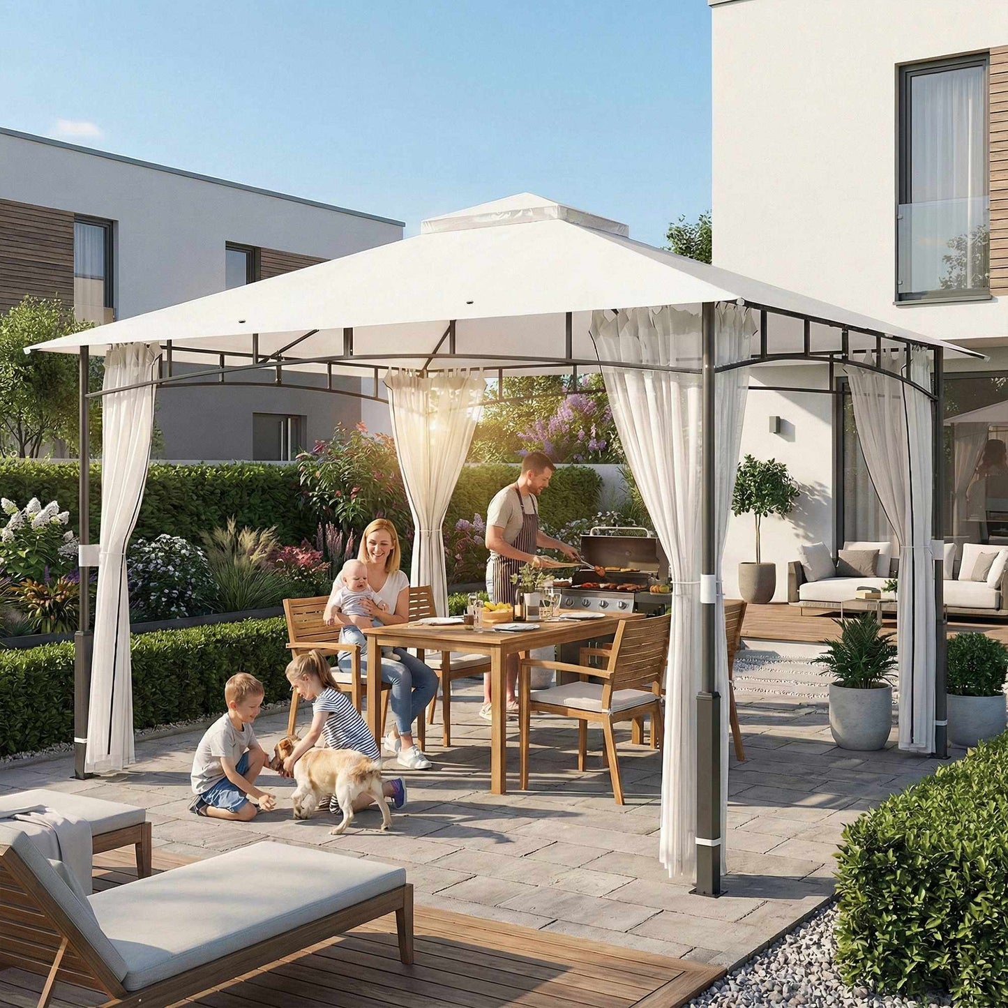 Garden Pavilion with Double Roof and Mosquito Net, 8-Person Capacity