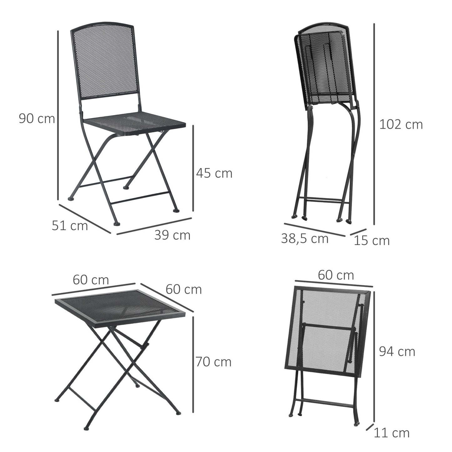 3-piece gray metal bistro set - table and folding chairs