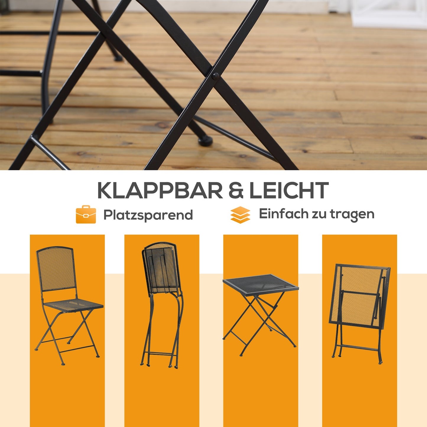 3-piece gray metal bistro set - table and folding chairs