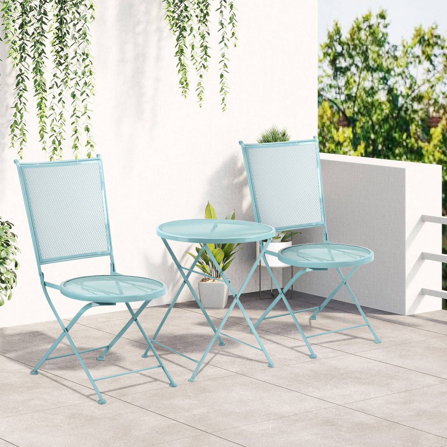 Bistro set for 2, folding chairs and table in metal, blue