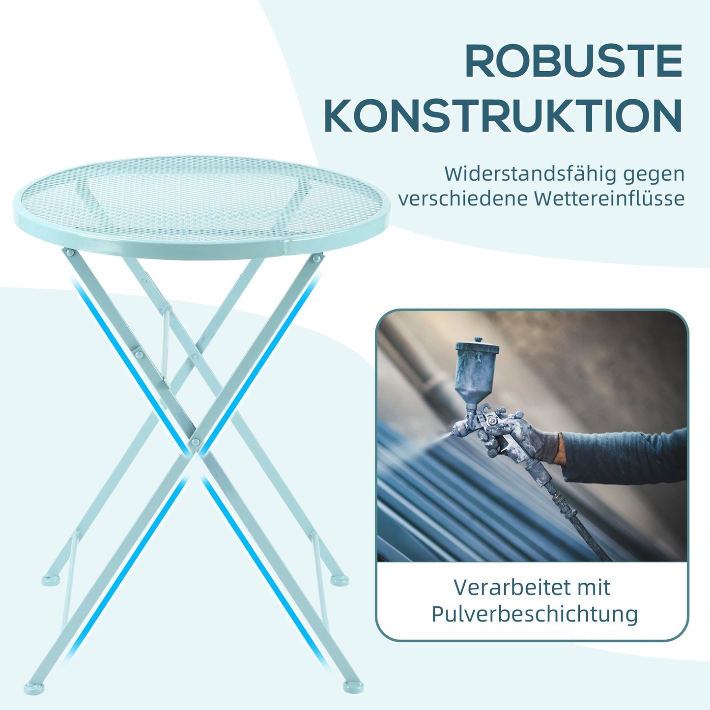 Bistro set for 2, folding chairs and table in metal, blue