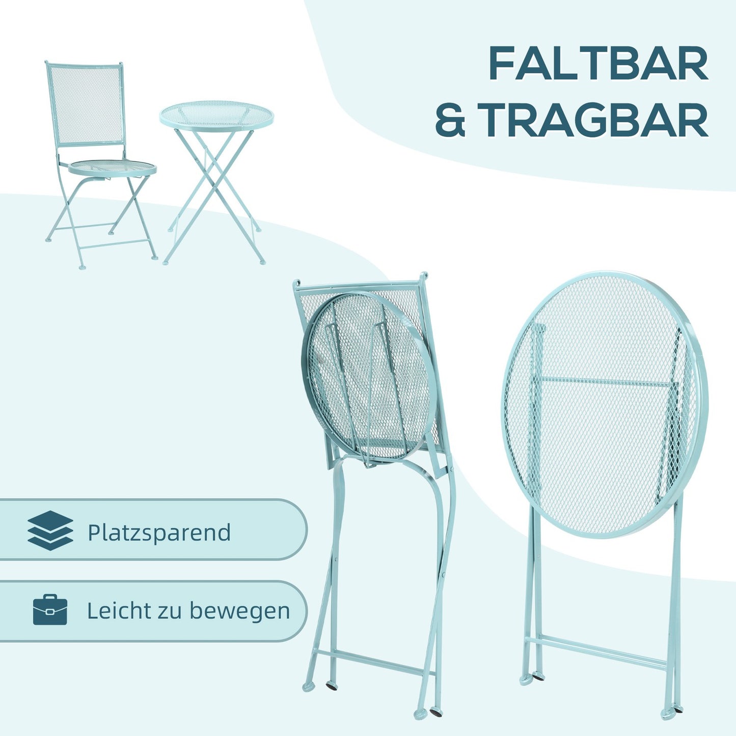 Bistro set for 2, folding chairs and table in metal, blue