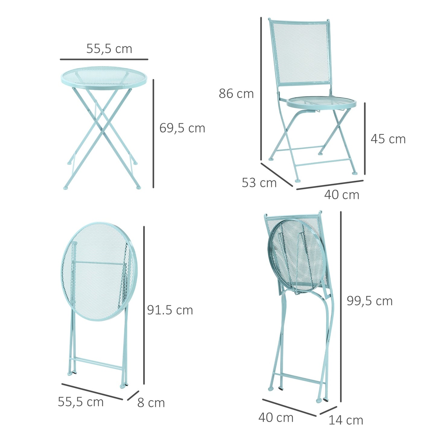 Bistro set for 2, folding chairs and table in metal, blue