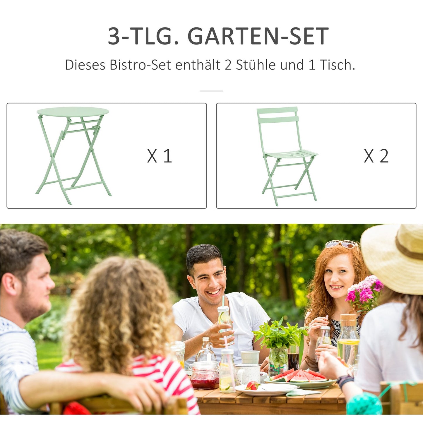 Folding garden bistro set - table and 2 chairs, green