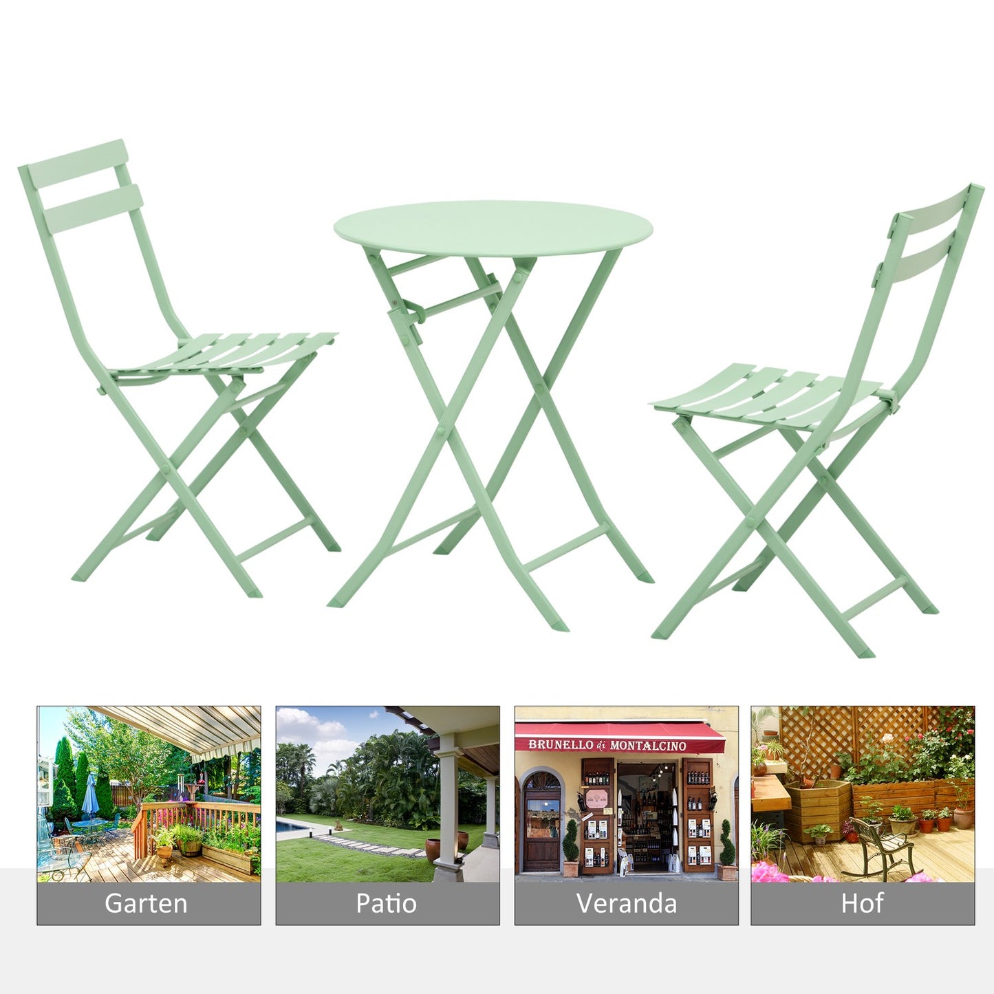 Folding garden bistro set - table and 2 chairs, green