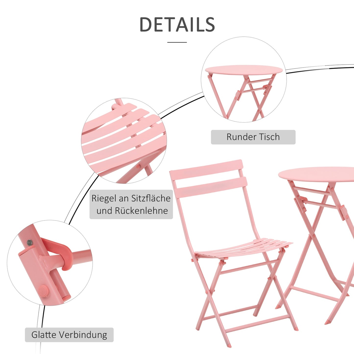 Balcony Bistro Set - folding table and 2 chairs, pink