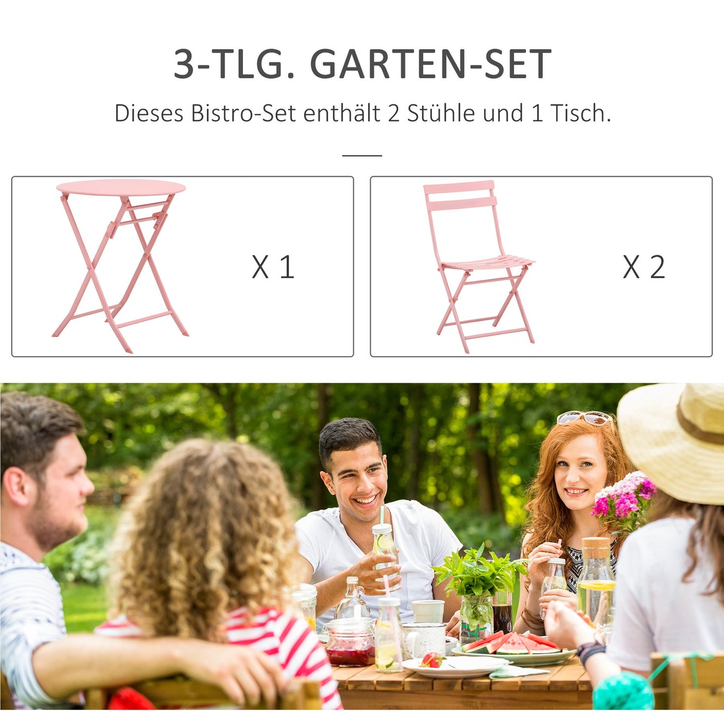 Balcony Bistro Set - folding table and 2 chairs, pink