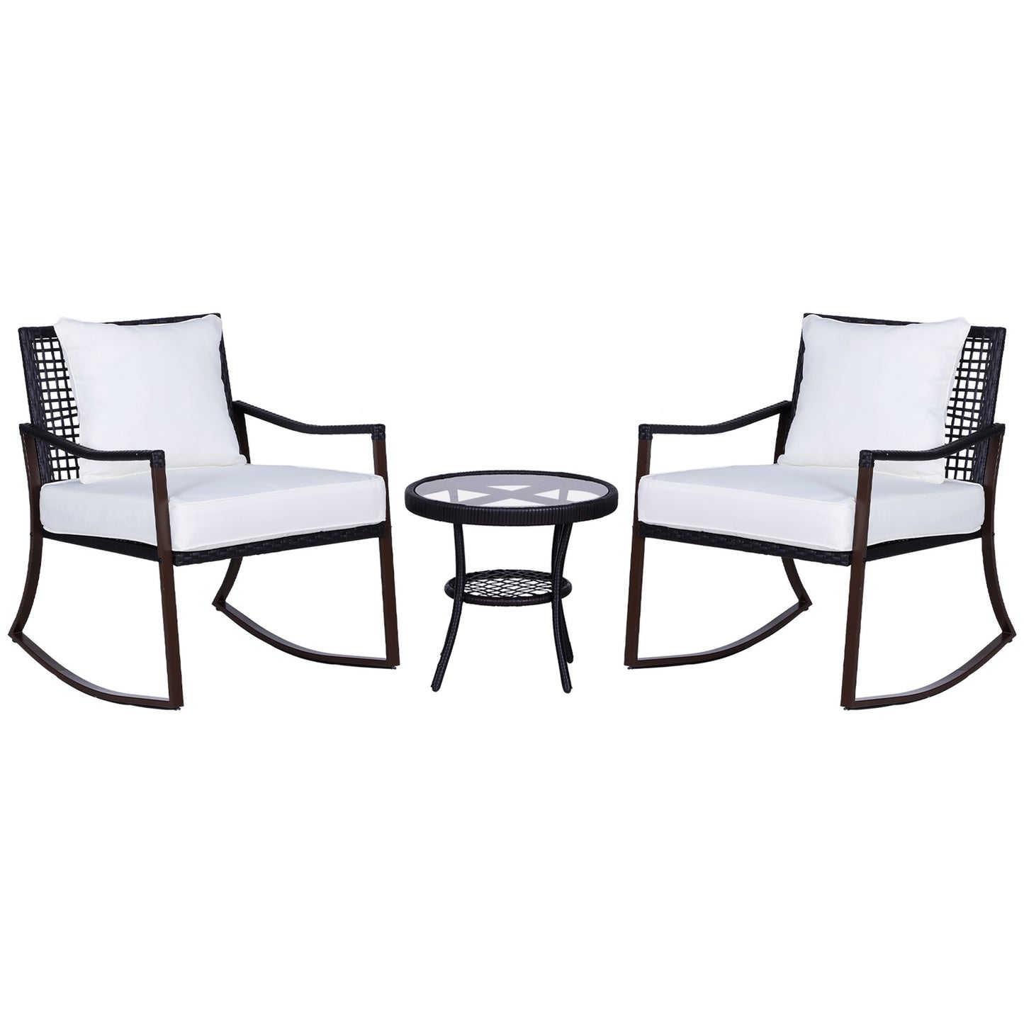 Rattan rocking chair set for 2 with cushions, brown/white