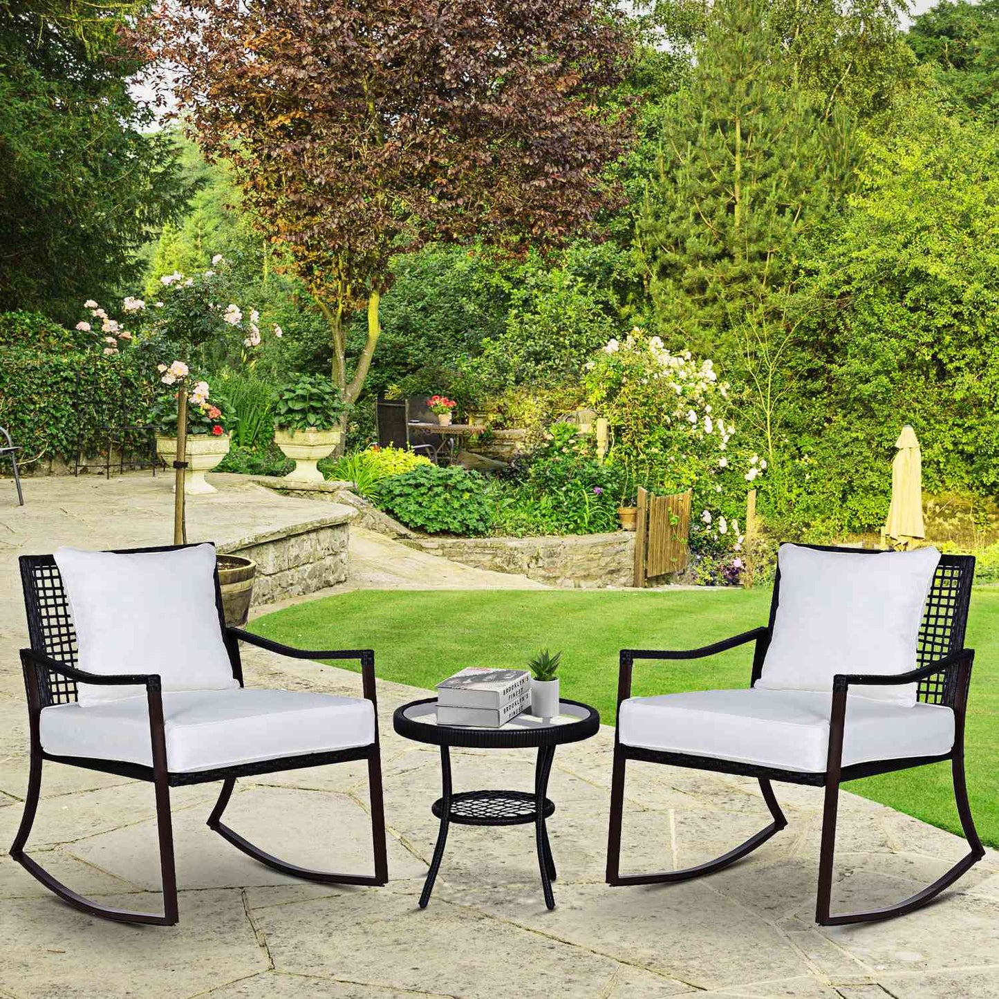 Rattan rocking chair set for 2 with cushions, brown/white