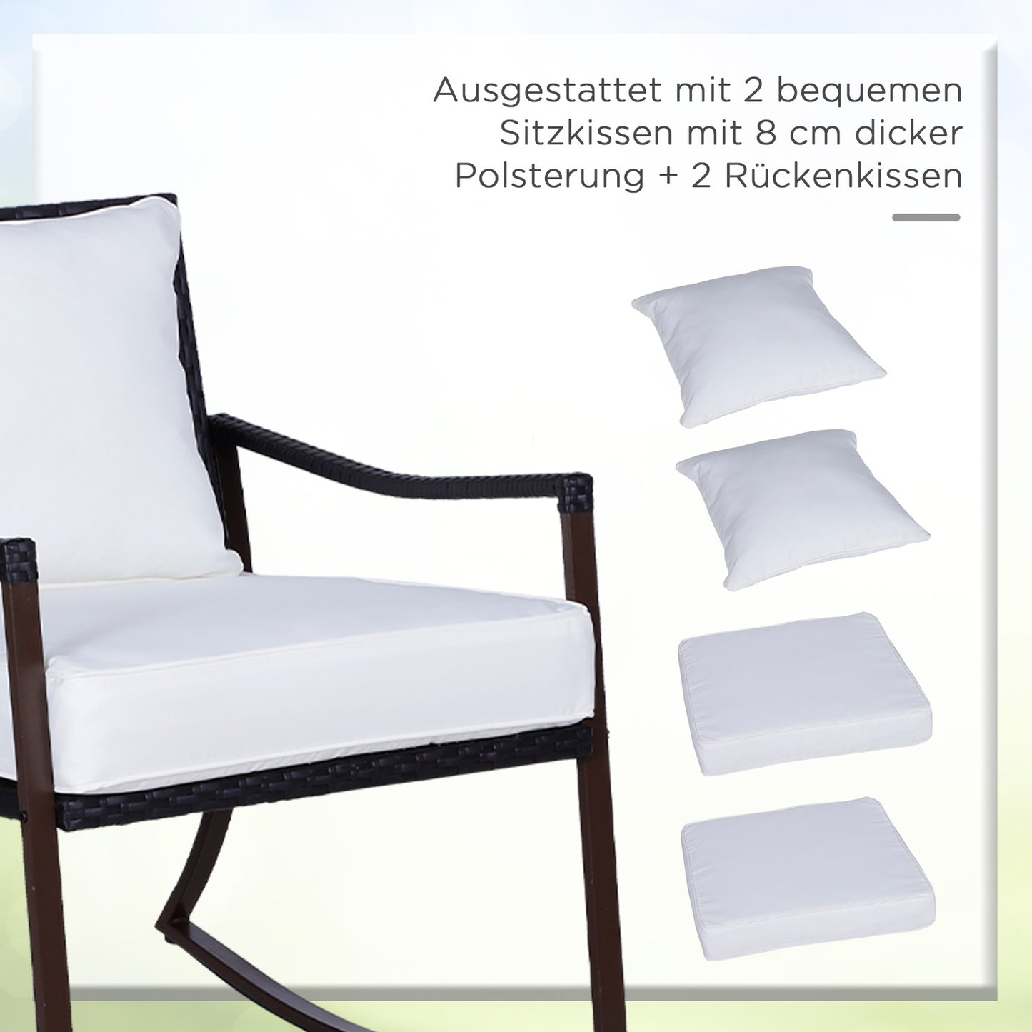 Rattan rocking chair set for 2 with cushions, brown/white