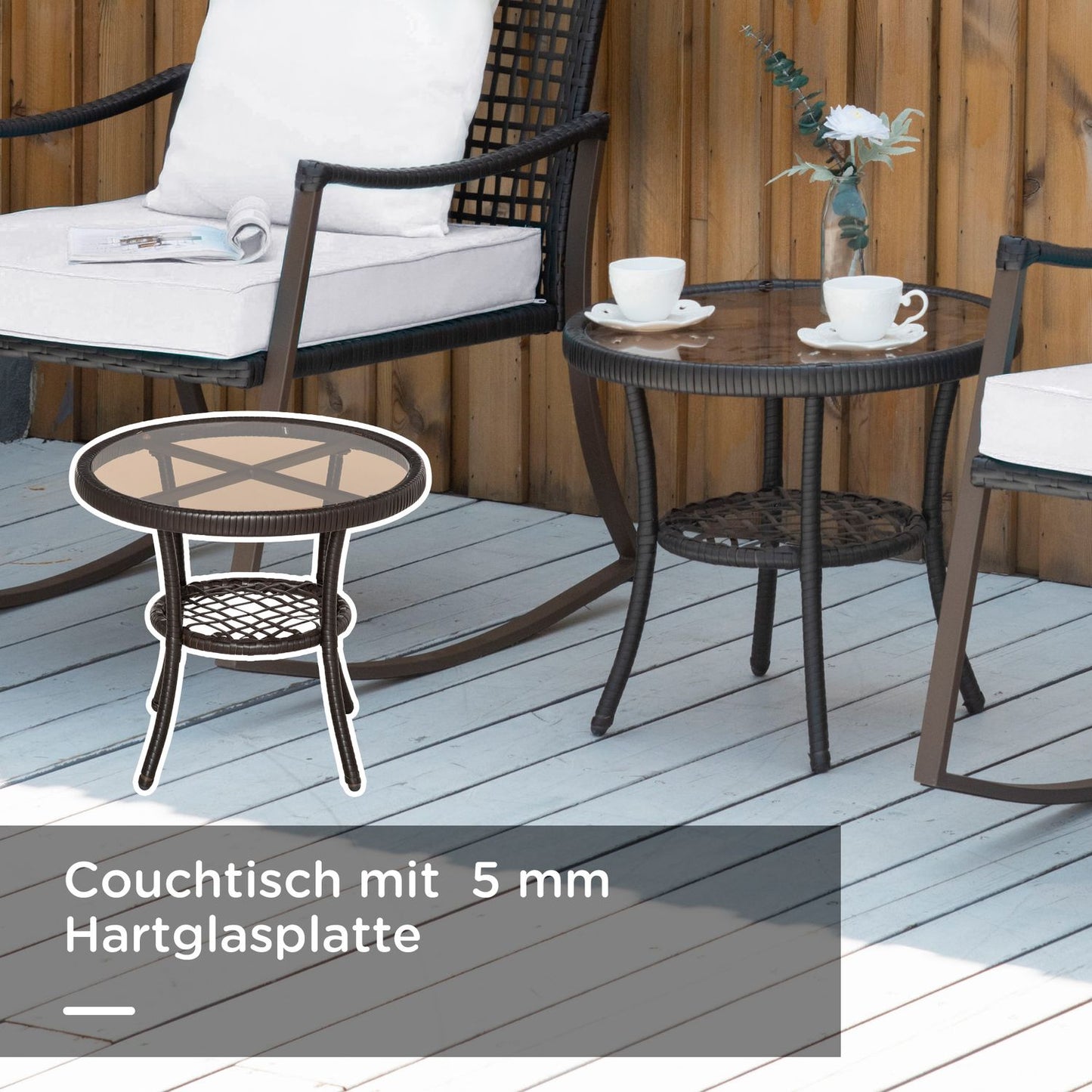 Rattan rocking chair set for 2 with cushions, brown/white