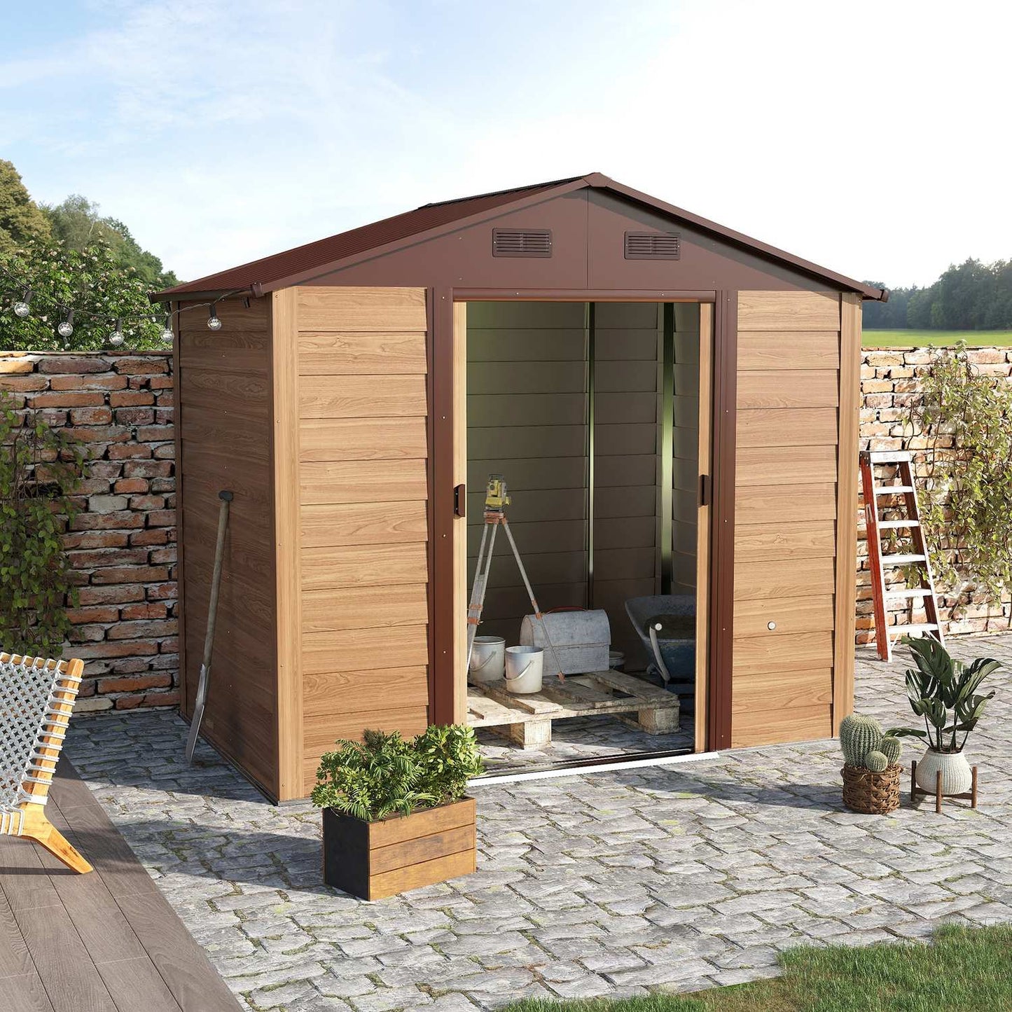 Steel garden shed with windows, weatherproof sliding doors