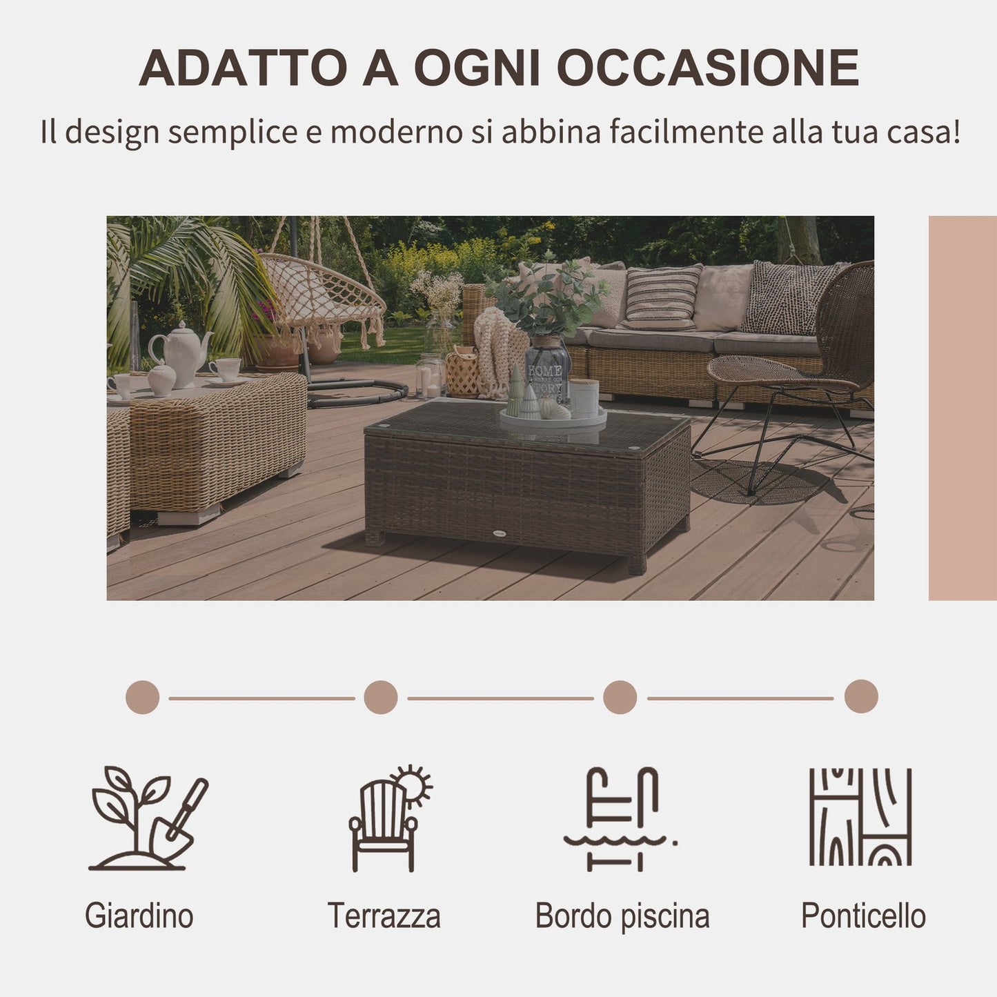 Weather-resistant outdoor coffee table in poly rattan, brown, 85x50x39 Cm