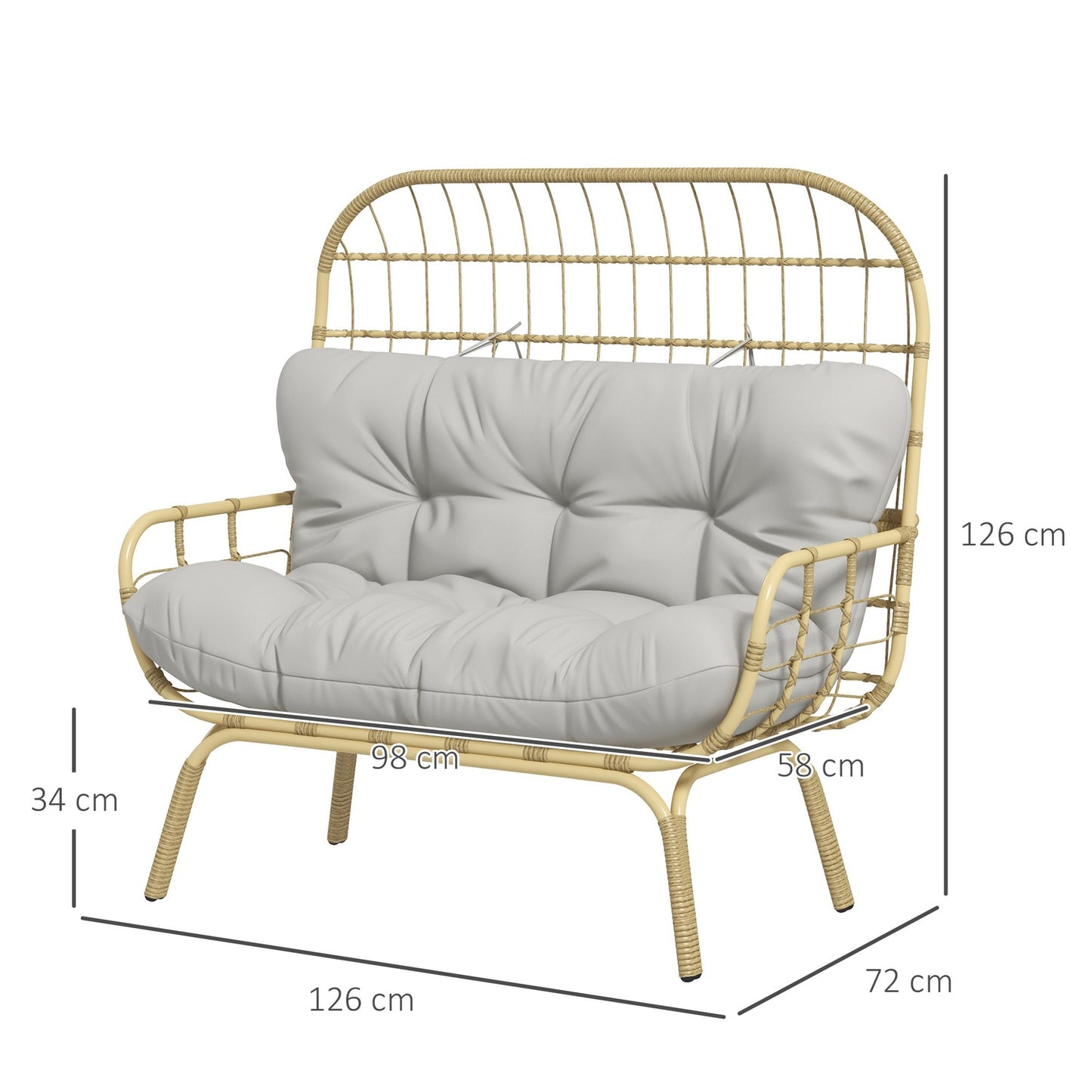 2-seater rattan garden sofa, padded cushions, light grey