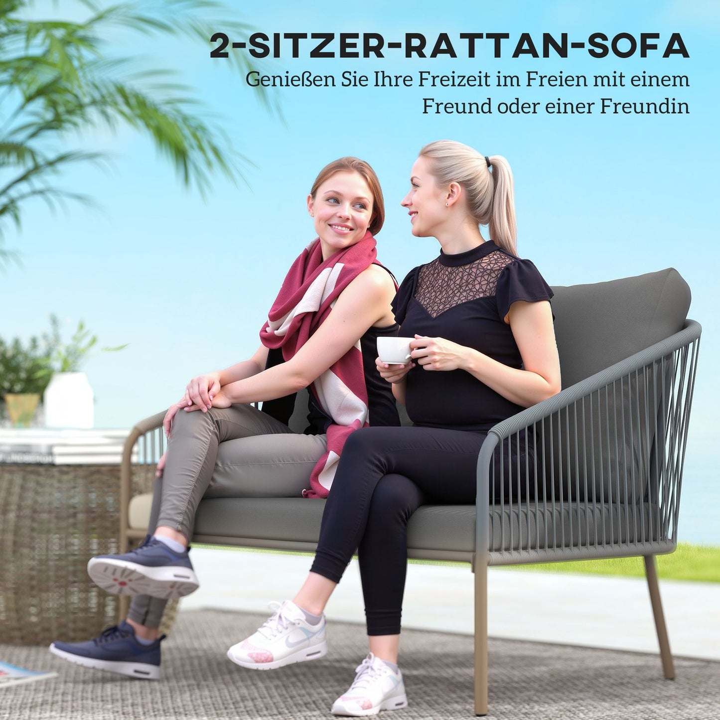 Outdoor rattan 2-seater sofa with cushions, gray