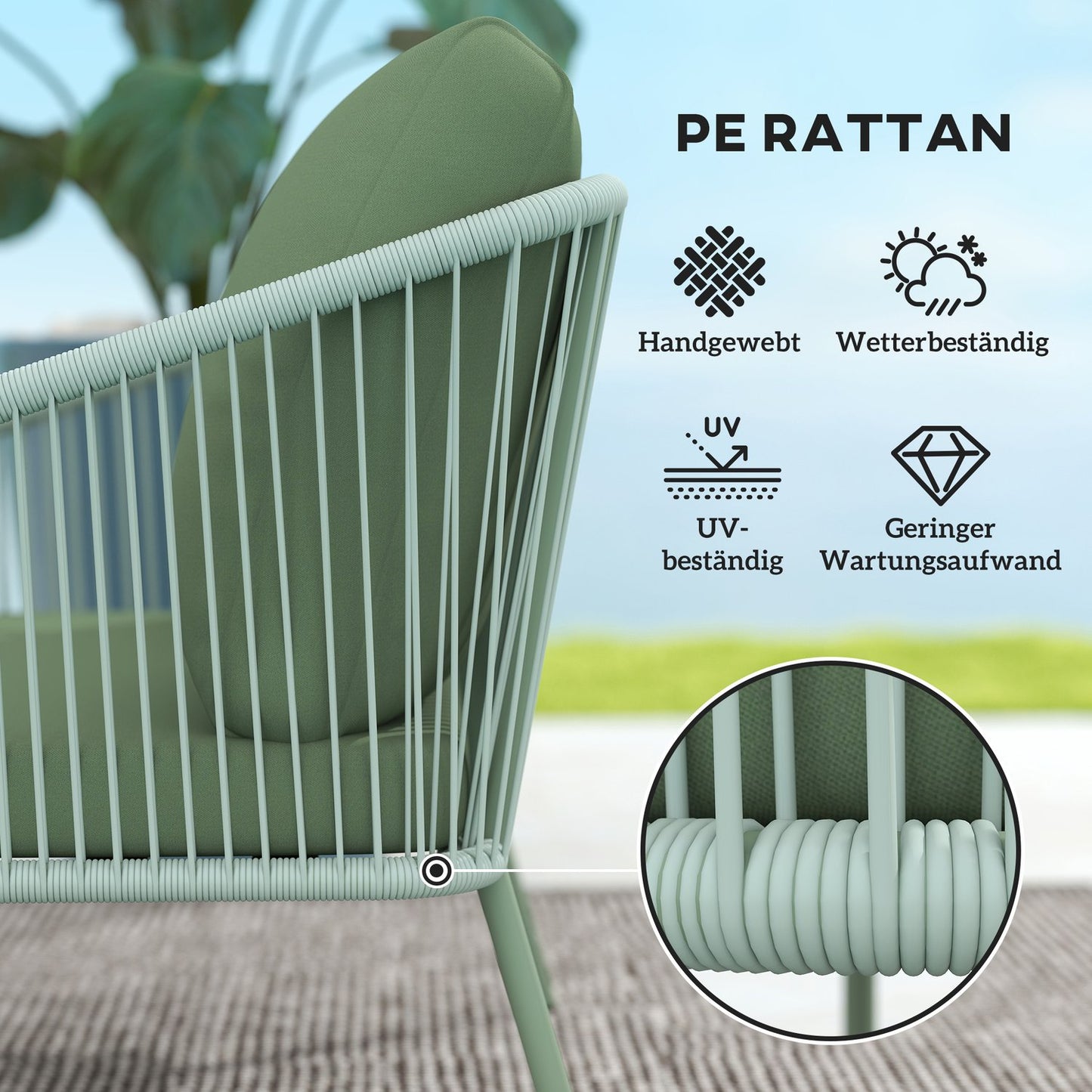 Outdoor 2-seater green rattan sofa with cushions